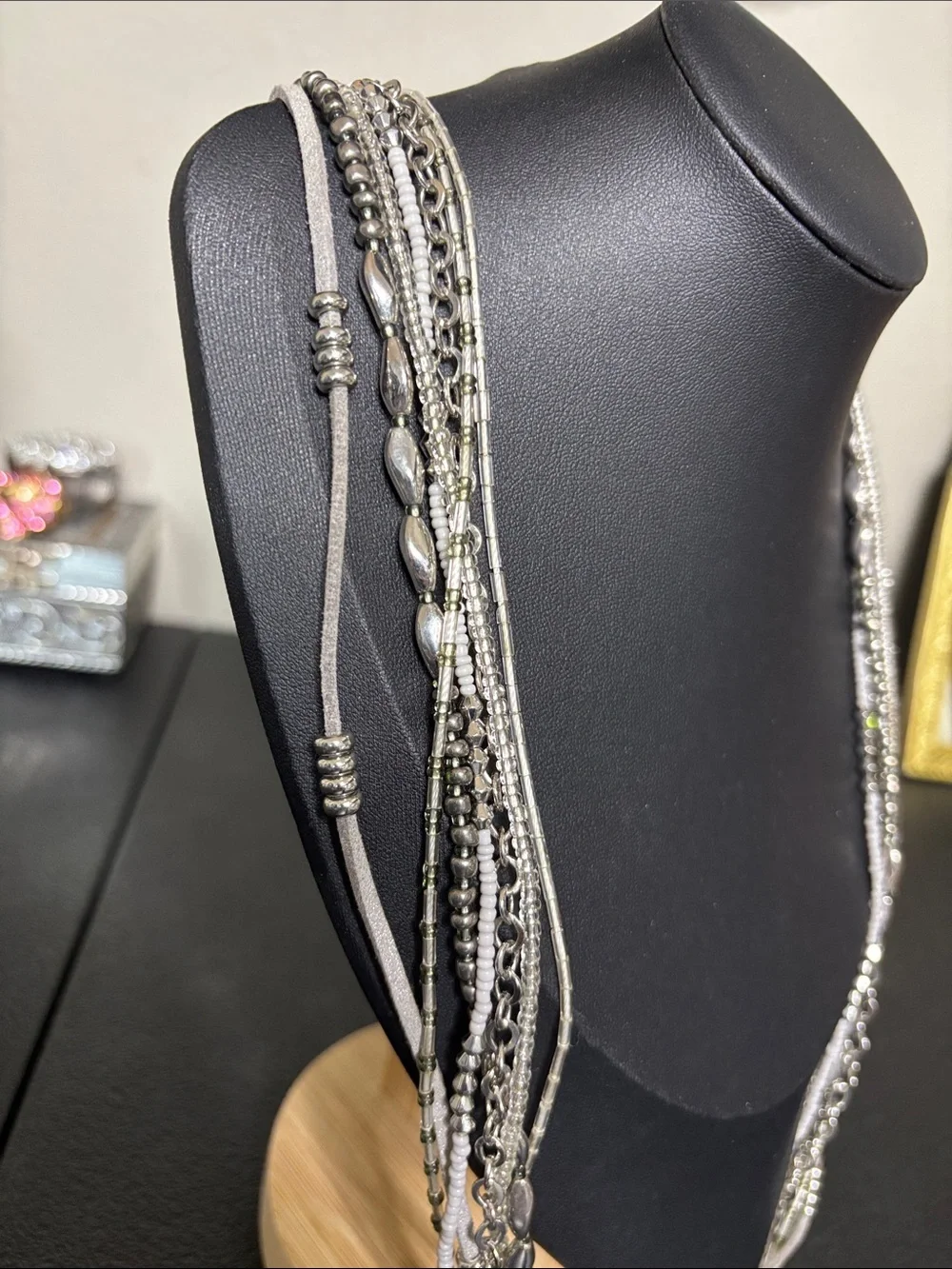 Multi-Strand Silver and White Beaded Necklace - Women Jewelry